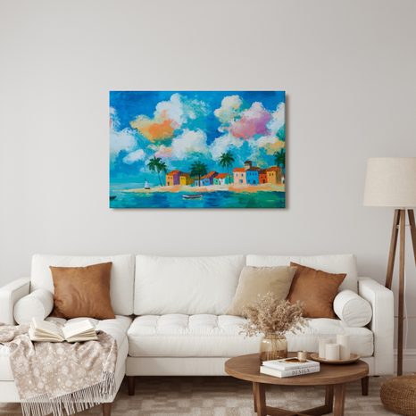 OBRAZ POBŘEŽNÍ VESNICE POD PALMAMI - BAREVNÉ DOMY - OBRAZY