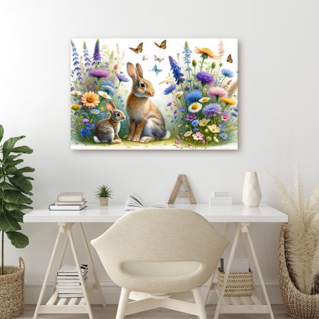 OBRAZ KRÁLÍČCI V JARNÍ KVĚTINOVÉ LOUCE - DĚTSKÉ OBRAZY ZVÍŘÁTKA - OBRAZY