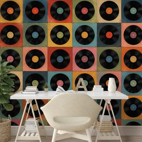 TAPETE RETRO-VINYLPLATTEN AUF BUNTEM HINTERGRUND - MUSIK FOTOTAPETEN - TAPETEN