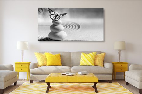 STAMPA SU TELA – EQUILIBRIO DI PIETRE E FARFALLA IN BIANCO E NERO - QUADRI BIANCO E NERO - STAMPE E QUADRI