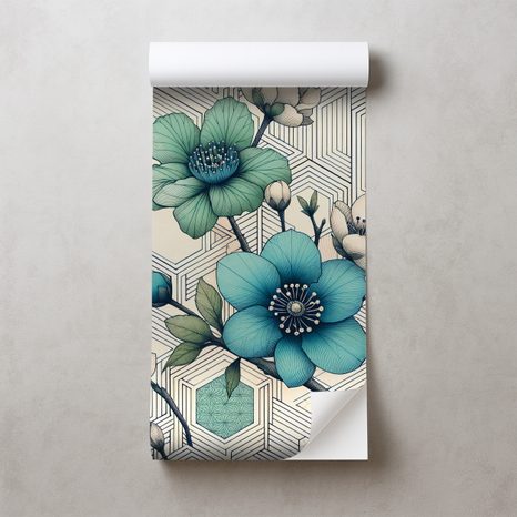 SAMOLEPÍCÍ TAPETA MODRÉ KVĚTY S GEOMETRICKÝM POZADÍM - TAPETY KVĚTINY - TAPETY