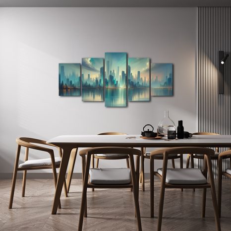 5-DÍLNÝ OBRAZ FUTURISTICKÉ MĚSTO U ŘEKY - OBRAZY MĚSTA - OBRAZY