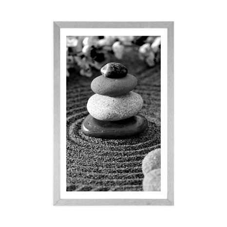 POSTER WITH MOUNT PYRAMID OF ZEN STONES IN BLACK AND WHITE - BLACK AND WHITE - POSTERS