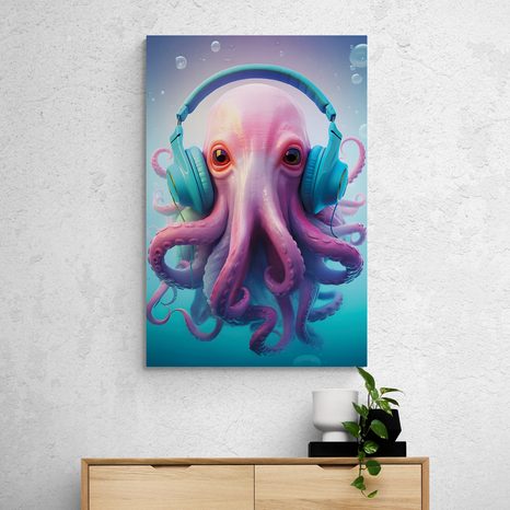 QUADRO SU TELA – POLPO CON CUFFIE - QUADRI DI ANIMALI DA FESTA CON LE CUFFIE - STAMPE E QUADRI