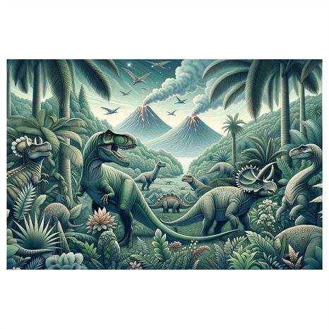 OBRAZ DINOSAUŘI V PRALESNÍ KRAJINĚ SE SOPKAMI - DĚTSKÉ OBRAZY ZVÍŘÁTKA - OBRAZY