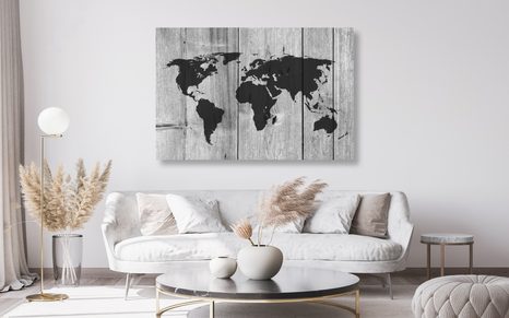 OBRAZ NA KORKU ČERNOBÍLÁ MAPA NA DŘEVĚNÉM POZADÍ - OBRAZY NA KORKU - OBRAZY