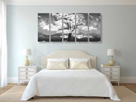 5-DÍLNÝ OBRAZ ČERNOBÍLÝ STROM ZALITÝ OBLAKY - ČERNOBÍLÉ OBRAZY - OBRAZY