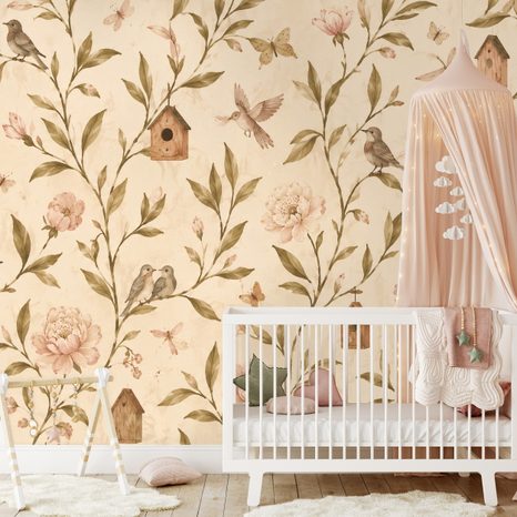TAPETA VINTAGE KVETY S VTÁČIKMI A BÚDKAMI - TAPETY VTÁKY - TAPETY