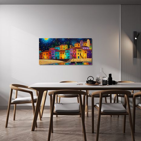 OBRAZ ZÁŘÍCÍ HVĚZDNÁ OBLOHA - BAREVNÉ DOMY - OBRAZY