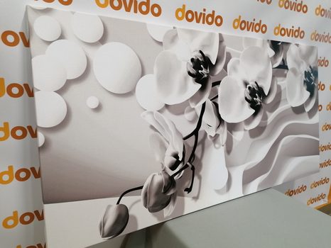 SLIKA ČRNOBELA ORHIDEJA NA ABSTRAKTNEM OZADJU - ČRNOBELE SLIKE - SLIKE