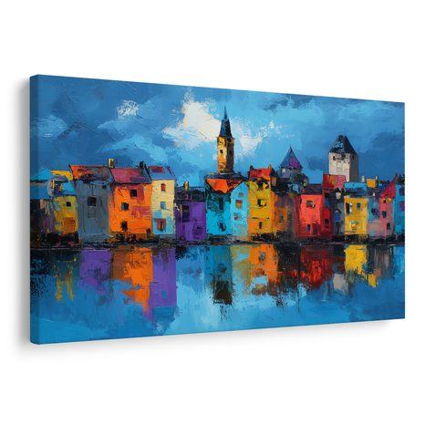 OBRAZ BAREVNÁ MĚSTSKÁ PANORÁMA - BAREVNÉ DOMY - OBRAZY
