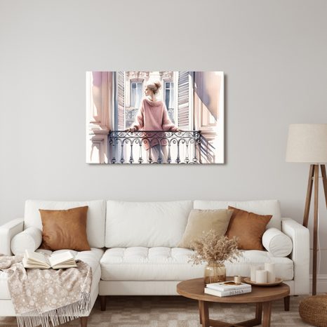 SLIKA DJEVOJKA U RUŽIČASTOM DŽEMPERU NA BALKONU - SLIKE ŽENY - SLIKE
