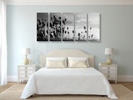 5-RÉSZES KÉP FŰ SZÁLLAK FEKETE FEHÉRBEN - FEKETE-FEHÉR KÉPEK - KÉPEK