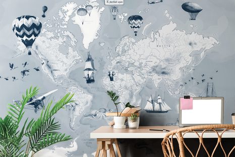 SAMOLEPÍCÍ TAPETA ŠEDO-MODRÁ KRESLENÁ MAPA S PLAVIDLY - SAMOLEPÍCÍ TAPETY - TAPETY