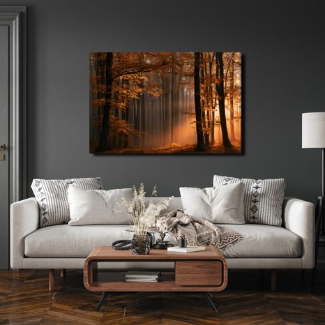 TABLEAU SUR TOILE – LUMIÈRE DORÉE DANS LA FORÊT - TABLEAUX FORÊT - TABLEAUX