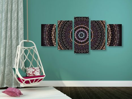 5-DELNA SLIKA MANDALA Z VZORCEM SONCA V VIJOLIČNIH ODTENKIH - SLIKE FENG SHUI - SLIKE