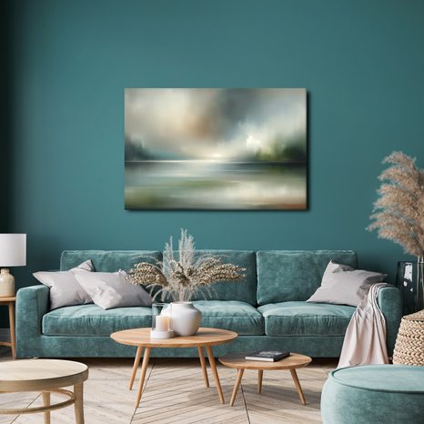 WANDBILD NEBLIGES PANORAMA MIT WASSERFLÄCHE - ABSTRAKTE BILDER - BILDER