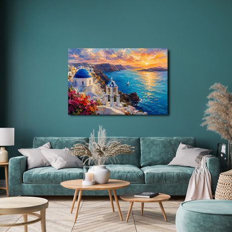 WANDBILD KÜSTE VON SANTORIN BEI SONNENUNTERGANG - BILDER VON SONNENAUFGANG UND SONNENUNTERGANG - BILDER
