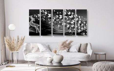 5-RÉSZES KÉP CSODÁS SZARVAS FEKETE FEHÉRBEN - FEKETE-FEHÉR KÉPEK - KÉPEK