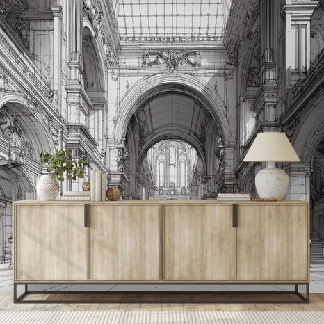 SAMOPRZYLEPNA TAPETA HISTORYCZNA ARCHITEKTURA W CZARNO-BIAŁYM RYSUNKU - TAPETA CZARNOBIAŁA - TAPETY