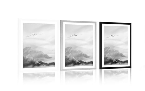 POSTER MIT PASSEPARTOUT FLIEGENDE VÖGEL ÜBER DER LANDSCHAFT IN SCHWARZ-WEISS - SCHWARZ-WEISS - POSTER