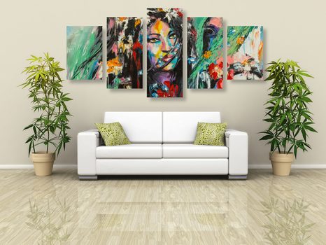 5-DÍLNÝ OBRAZ OLEJOMALBA ŽENA A KŮŇ - OBRAZY LIDÍ - OBRAZY