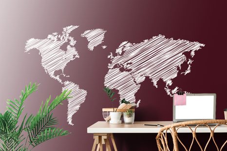 CARTA DA PARATI AUTOADESIVA – MAPPA DEL MONDO TRATTEGGIATA SU SFONDO BORDEAUX - CARTA DA PARATI AUTOADESIVE - CARTA DA PARATI