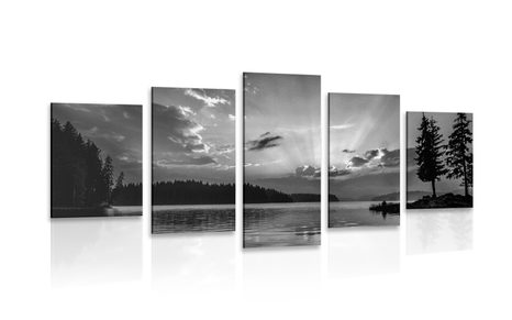 5-PIECE CANVAS PRINT MOUNTAIN LAKE REFLECTION IN BLACK AND WHITE - BLACK AND WHITE PICTURES - PICTURES