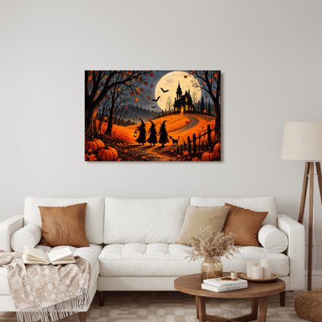 QUADRO SU TELA – STREGA SOTTO IL MANIERO AL CHIARO DI LUNA - QUADRI HALLOWEEN E HORROR - STAMPE E QUADRI