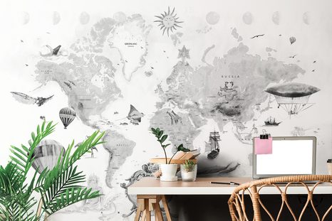 CARTA DA PARATI AUTOADESIVA – MAPPA DISEGNATA BIANCO-GRIGIA - CARTA DA PARATI AUTOADESIVE - CARTA DA PARATI