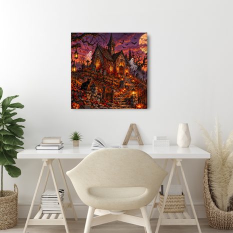 QUADRO SU TELA – CIMITERO DI HALLOWEEN PRESSO LA CAPPELLA - QUADRI HALLOWEEN E HORROR - STAMPE E QUADRI