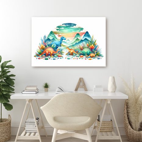 WANDBILD BUNTE DINOSAURIER IN DEN BERGEN - KINDERBILDER TIERE - BILDER