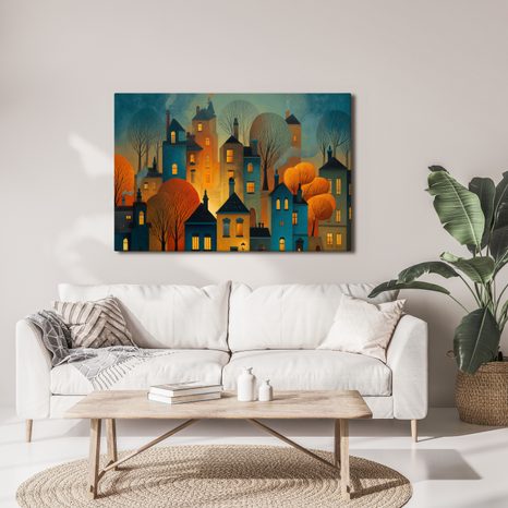 OBRAZ ZIMNÍ POHÁDKA NOČNÍHO MĚSTA - BAREVNÉ DOMY - OBRAZY