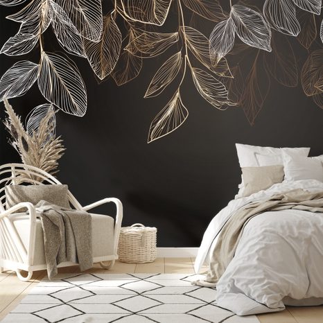 ZELFKLEVEND FOTOBEHANG ELEGANTE GOUDEN BLADEREN OP DONKERE ACHTERGROND - FOTOBEHANG BLADEREN - FOTOBEHANG