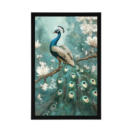 POSTER PĂUN ÎNCONJURAT DE FLORI ALBE - PĂSĂRI - POSTERE