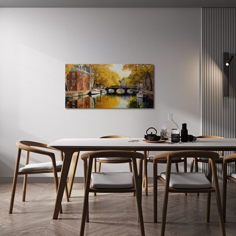 OBRAZ KLIDNÁ PODZIMNÍ ŘEKA S LODĚMI - BAREVNÉ DOMY - OBRAZY