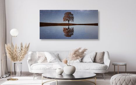 WANDBILD STERNENHIMMEL ÜBER EINEM ALLEINSTEHENDEN BAUM - BILDER VON NATUR UND LANDSCHAFT - BILDER