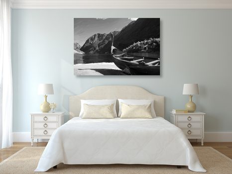 WANDBILD HÖLZERNES WIKINGERSCHIFF IN SCHWARZ-WEISS - SCHWARZ-WEISSE BILDER - BILDER