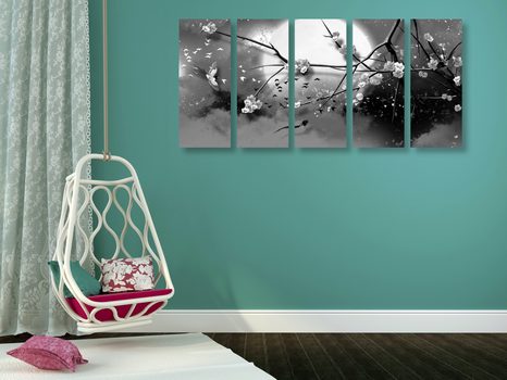 TABLOU 5-PIESE RAMURI DE COPAC LA LUNA PLINĂ ÎN DESIGN ALB-NEGRU - TABLOURI ALB-NEGRU - TABLOURI