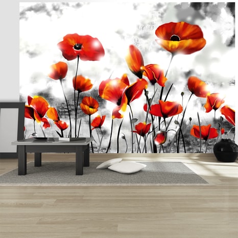 PHOTO WALLPAPER RED POPPIES ON A BLACK & WHITE BACKGROUND
