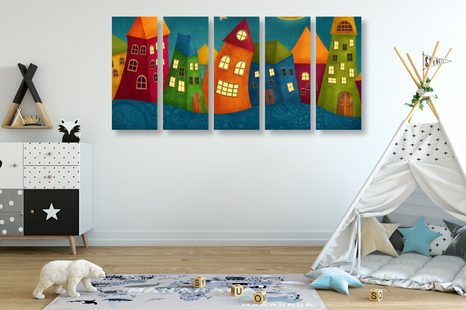 QUADRI 5 PEZZI – CITTADINA NOTTURNA - QUADRI PER BAMBINI - STAMPE E QUADRI