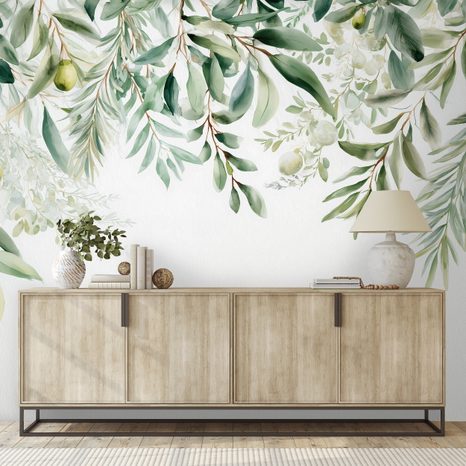 PAPIER PEINT PANORAMIQUE ADHÉSIF – BRANCHES D'OLIVIER VERTES SUR FOND BLANC - PAPIER PEINT FEUILLES - PAPIERS PEINTS PANORAMIQUES