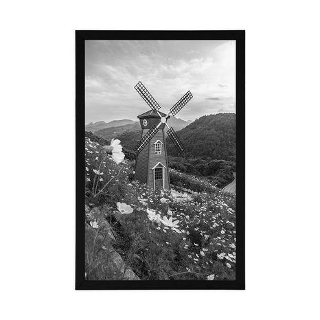 POSTER MEADOW BY THE MAGIC MILL IN BLACK AND WHITE - NATURE - POSTERS