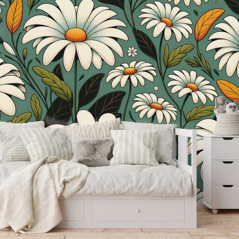 TAPETE RETRO-MARGERITEN MIT BLÄTTERN - TAPETEN MIT BLUMENMOTIVEN - TAPETEN