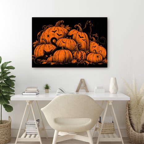 QUADRO SU TELA – ZUCCHE DI HALLOWEEN CON GATTI NERI - QUADRI HALLOWEEN E HORROR - STAMPE E QUADRI