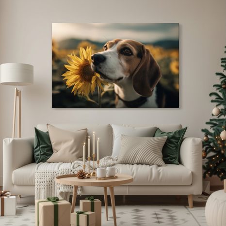 WANDBILD HUND UND SONNENBLUMEN IM FELD - BILDER VON HUNDEN - BILDER