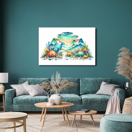 WANDBILD BUNTE DINOSAURIER IN DEN BERGEN - KINDERBILDER TIERE - BILDER