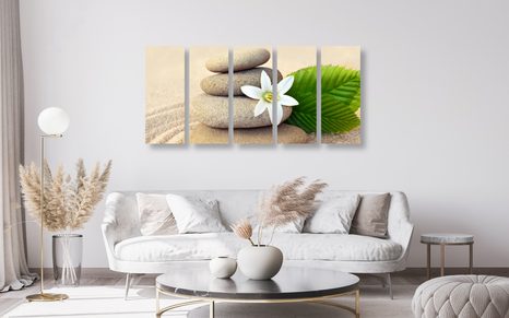 5-DÍLNÝ OBRAZ BÍLÝ KVĚT A KAMENY V PÍSKU - OBRAZY FENG SHUI - OBRAZY