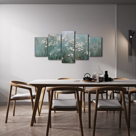 5-TEILIGES WANDBILD BLUMENFELD IM NEBEL - BILDER BLUMEN - BILDER