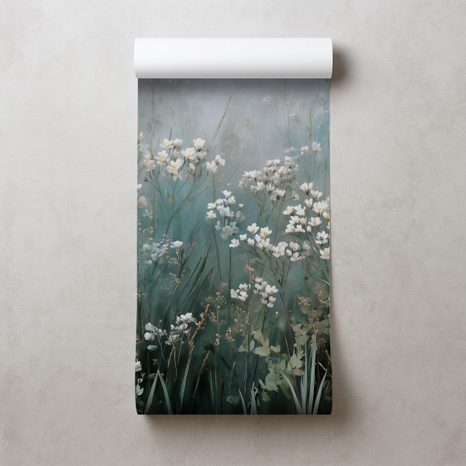 FOTOTAPET FLORI ALBE DELICATE PE FUNDAL VERDE-ALBASTRU - TAPET FLORI - TAPETURI
